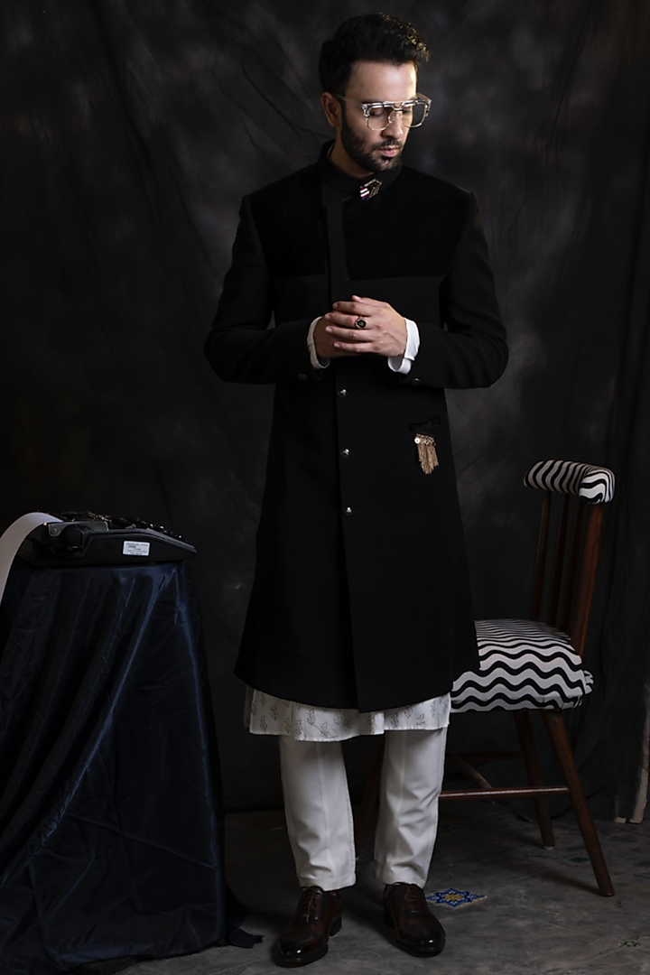 Black Italian Crepe Indo-Western Set by Soniya G Men at Pernia's Pop Up Shop