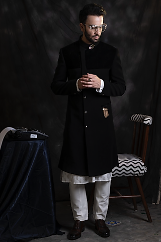Black Italian Crepe Indo-Western Set by Soniya G Men