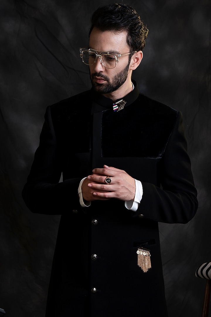 Black Italian Crepe Indo-Western Set by Soniya G Men at Pernia's Pop Up Shop