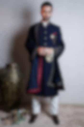 Navy Blue Italian Crepe Indo-Western Set by Soniya G Men at Pernia's Pop Up Shop