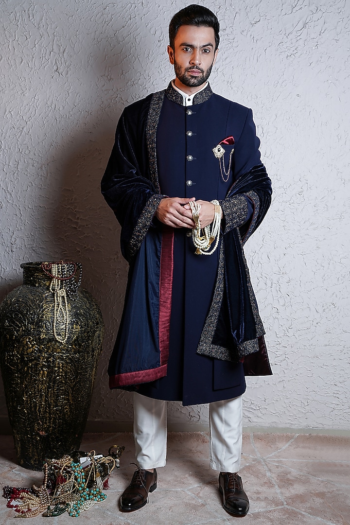 Navy Blue Italian Crepe Indo-Western Set by Soniya G Men at Pernia's Pop Up Shop