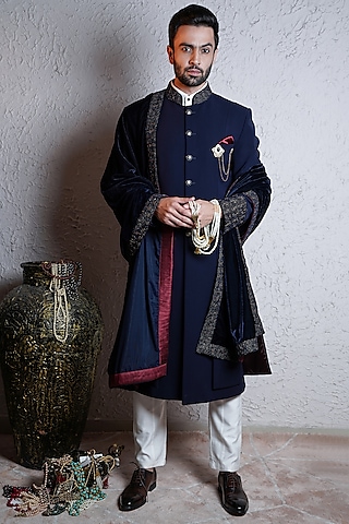 Navy Blue Italian Crepe Indo-Western Set by Soniya G Men