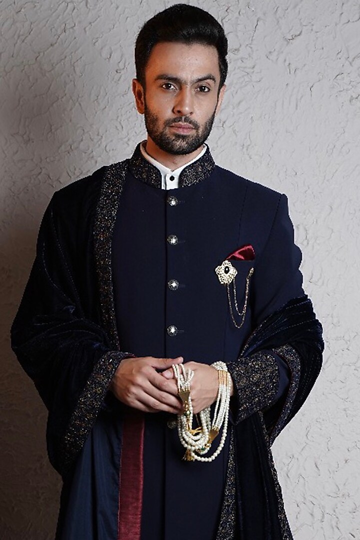 Navy Blue Italian Crepe Indo-Western Set by Soniya G Men at Pernia's Pop Up Shop