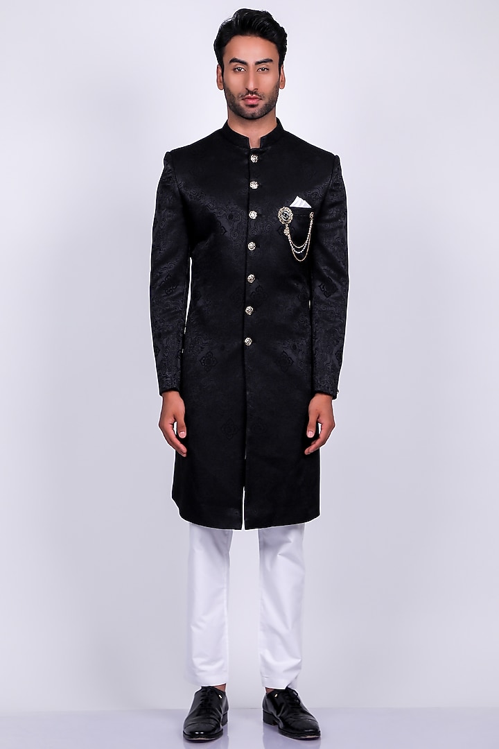 Black Italian Crepe Wedding Sherwani Set by Soniya G Men at Pernia's Pop Up Shop