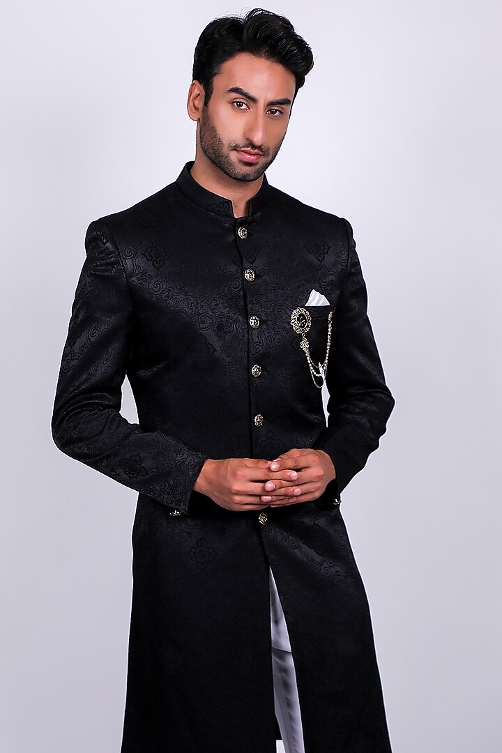 Black Italian Crepe Wedding Sherwani Set by Soniya G Men at Pernia's Pop Up Shop