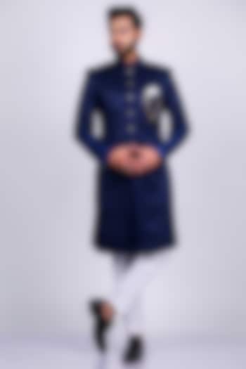 Navy Blue Italian Crepe Wedding Sherwani Set by Soniya G Men at Pernia's Pop Up Shop