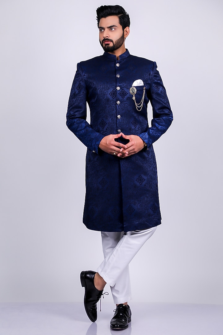 Navy Blue Italian Crepe Wedding Sherwani Set by Soniya G Men at Pernia's Pop Up Shop