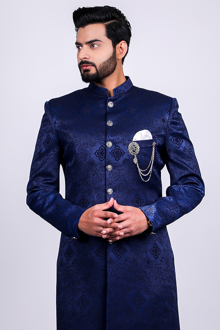 Navy Blue Italian Crepe Wedding Sherwani Set by Soniya G Men at Pernia's Pop Up Shop