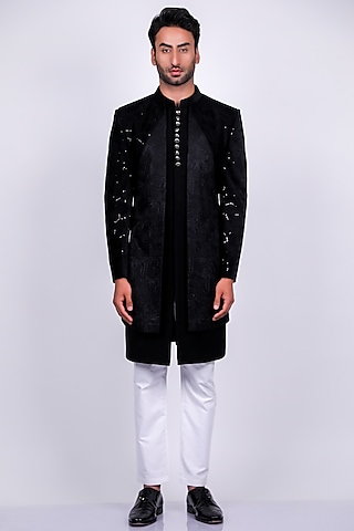 Black Italian Crepe Indowestern Set by Soniya G Men