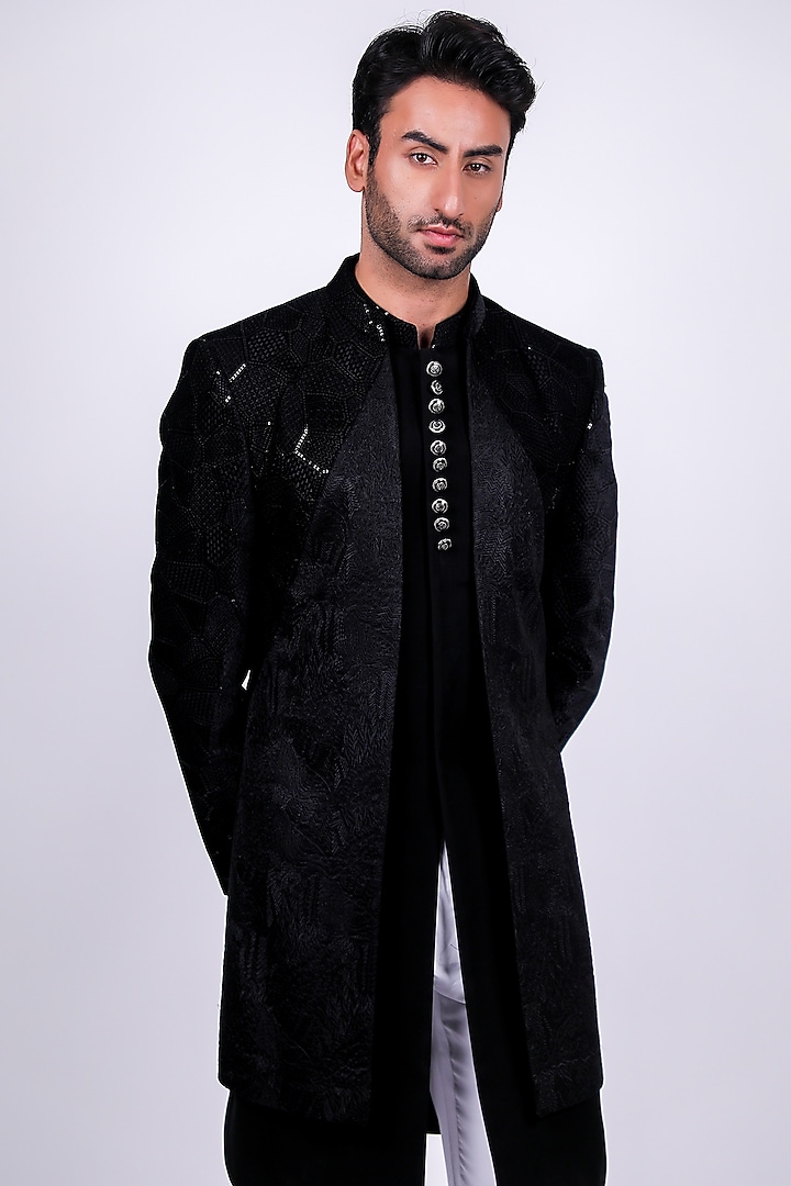 Black Italian Crepe Wedding Indowestern Set by Soniya G Men at Pernia's Pop Up Shop