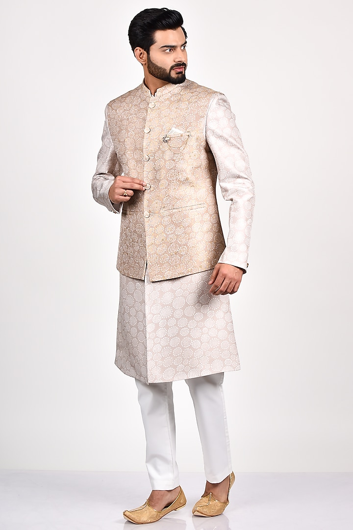 Grey Italian Crepe Nehru Jacket Set by Soniya G Men