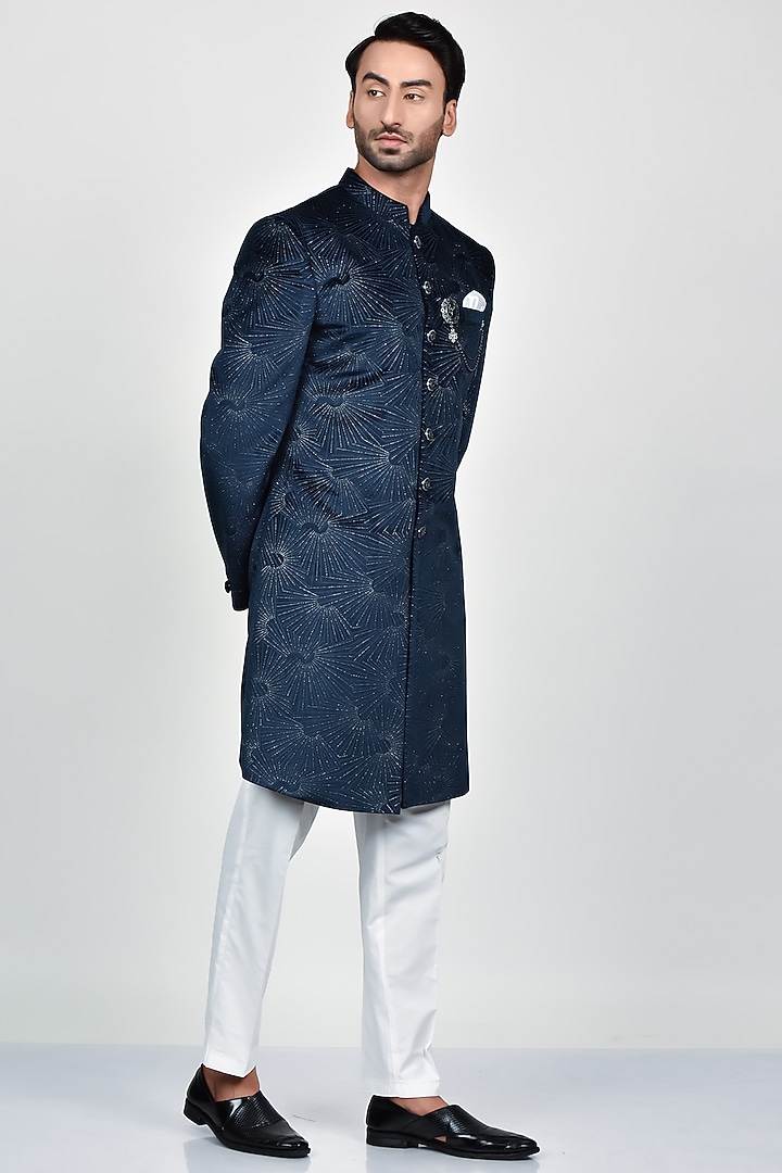 Navy Blue Silk Wedding Sherwani Set by Soniya G Men at Pernia's Pop Up Shop