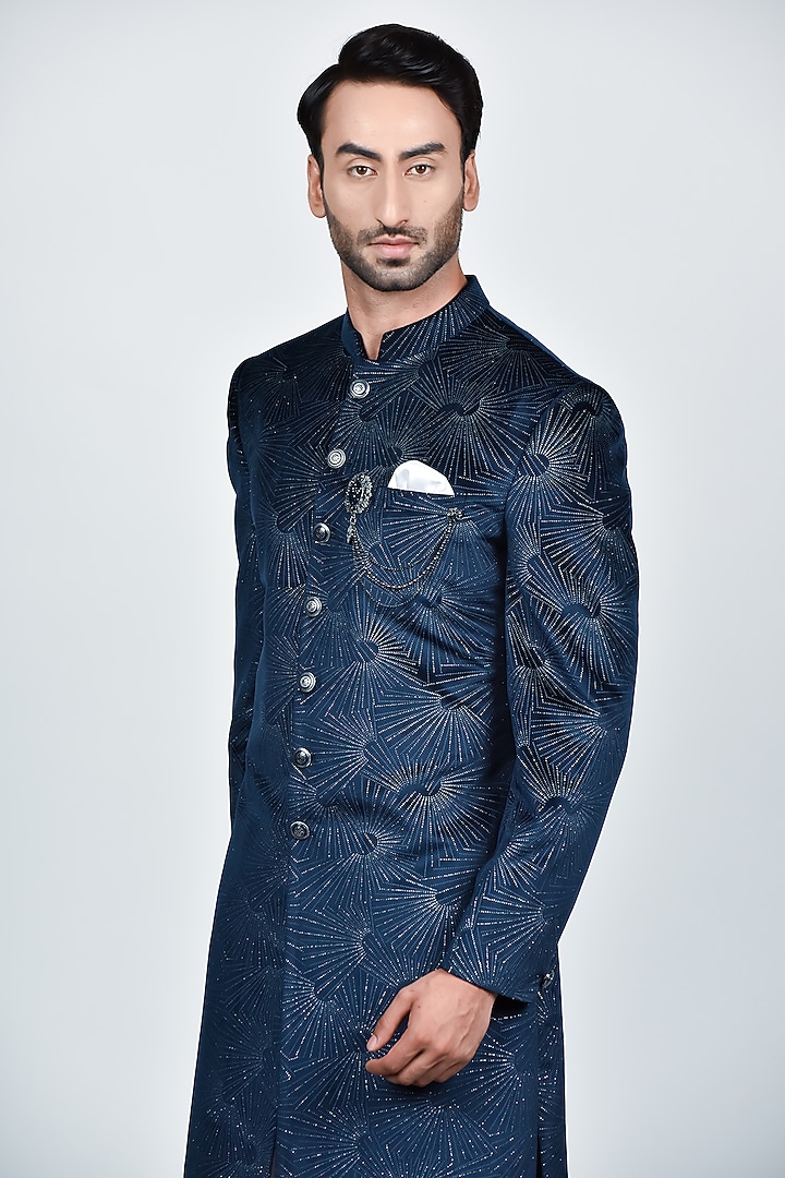 Navy Blue Silk Wedding Sherwani Set by Soniya G Men at Pernia's Pop Up Shop
