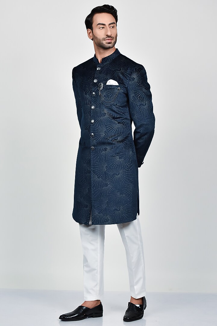 Navy Blue Silk Wedding Sherwani Set by Soniya G Men at Pernia's Pop Up Shop