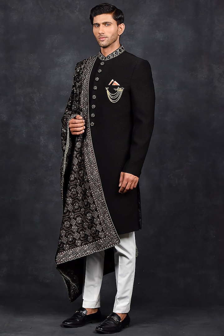 Black Silk Wedding Sherwani Set by Soniya G Men at Pernia's Pop Up Shop