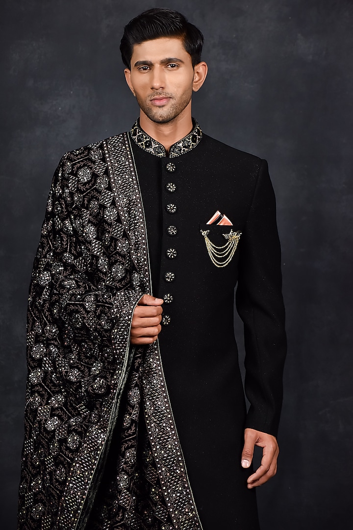 Black Silk Wedding Sherwani Set by Soniya G Men at Pernia's Pop Up Shop