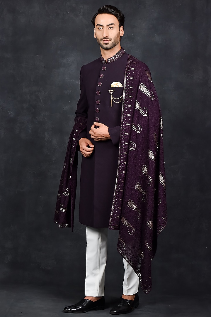 Purple Silk Sherwani Set by Soniya G Men