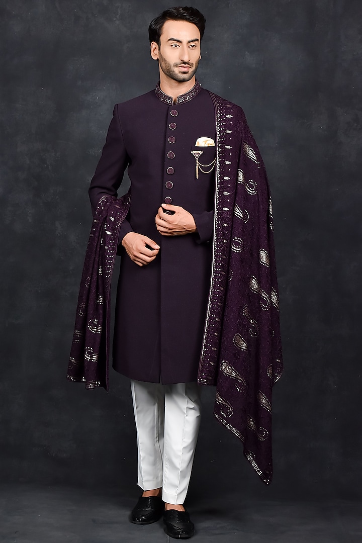Purple Silk Wedding Sherwani Set by Soniya G Men at Pernia's Pop Up Shop