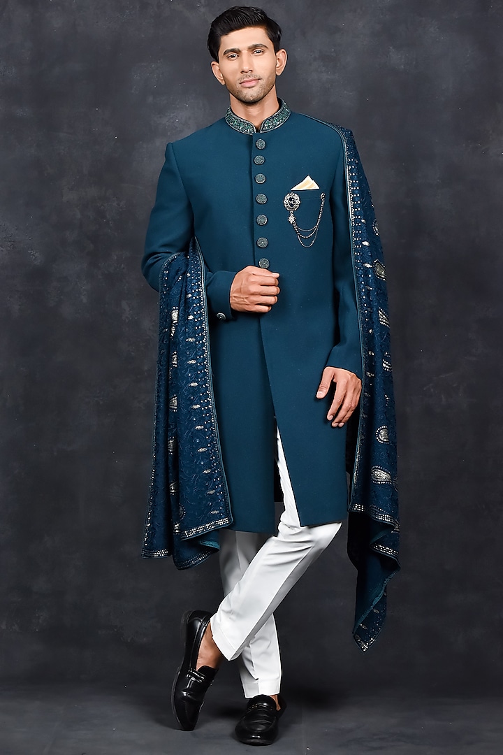 Blue Silk Wedding Sherwani Set by Soniya G Men at Pernia's Pop Up Shop
