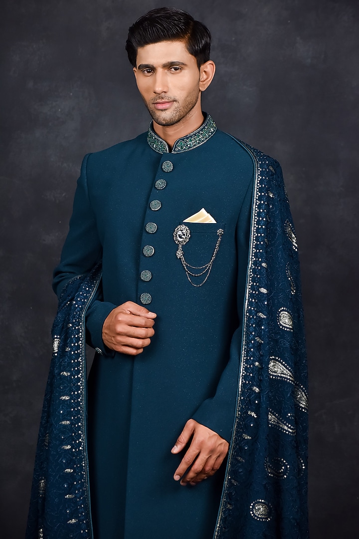 Blue Silk Wedding Sherwani Set by Soniya G Men at Pernia's Pop Up Shop