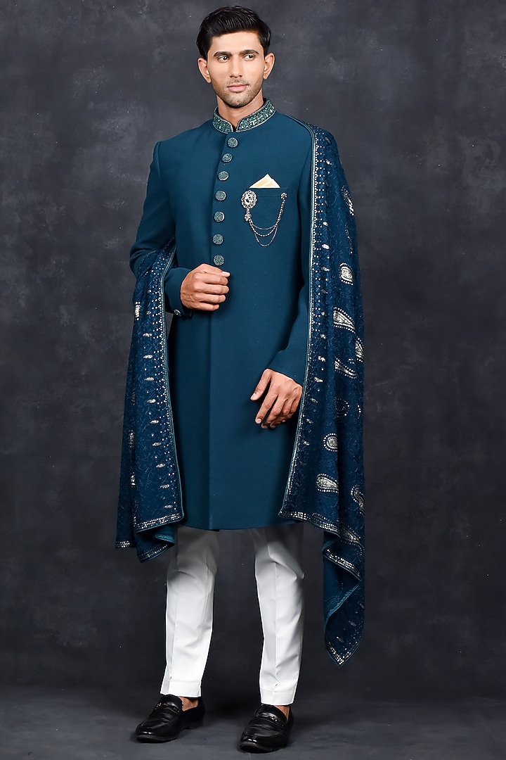 Blue Silk Wedding Sherwani Set by Soniya G Men at Pernia's Pop Up Shop