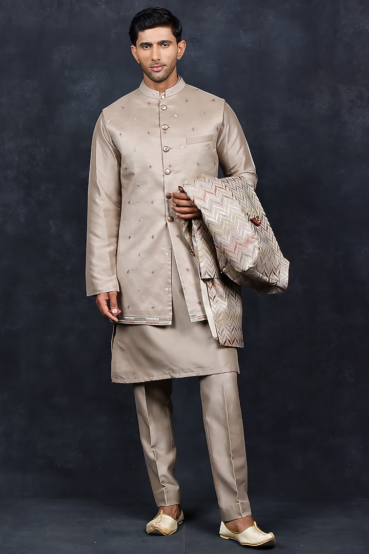 Gold Silk Thread Embroidered Wedding Indowestern Set by Soniya G Men at Pernia's Pop Up Shop