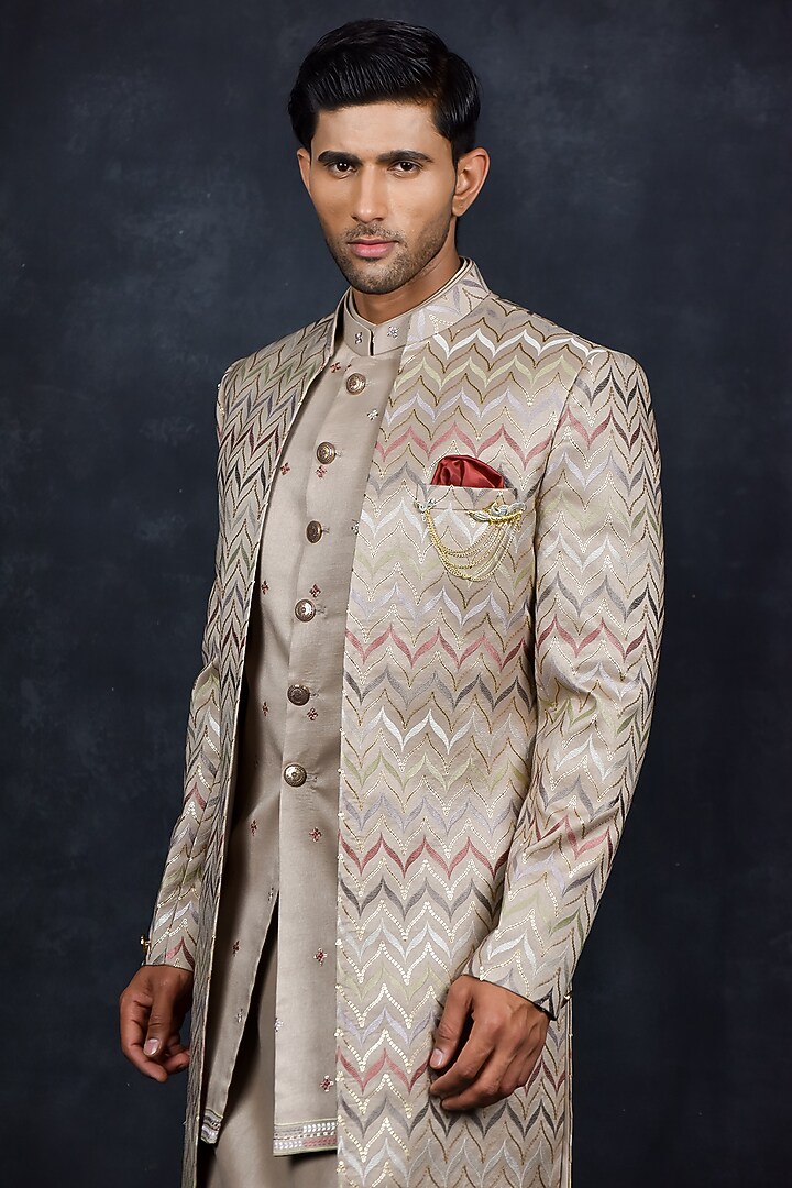 Gold Silk Thread Embroidered Wedding Indowestern Set by Soniya G Men at Pernia's Pop Up Shop