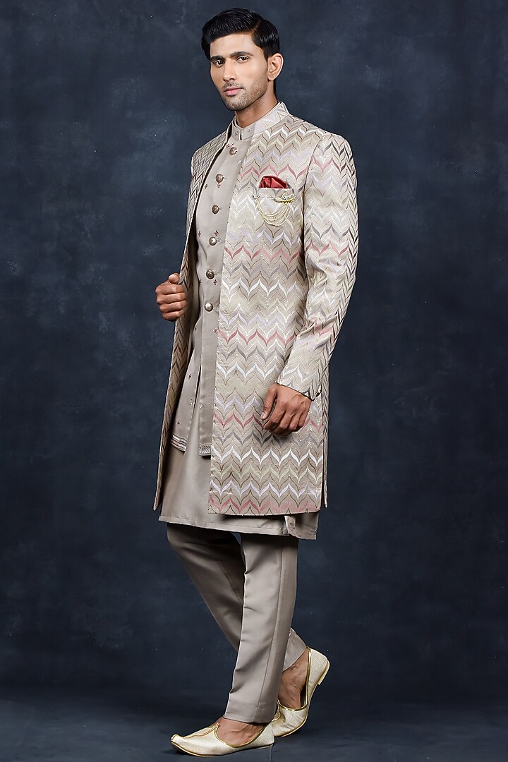 Gold Silk Thread Embroidered Wedding Indowestern Set by Soniya G Men at Pernia's Pop Up Shop