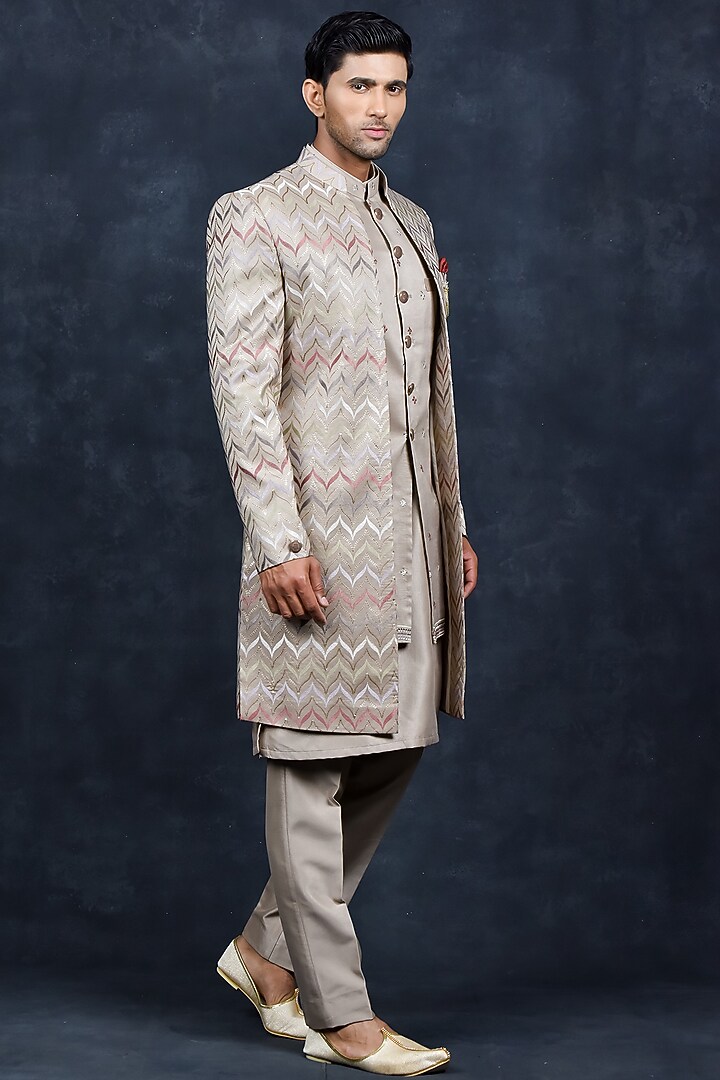 Gold Silk Thread Embroidered Wedding Indowestern Set by Soniya G Men at Pernia's Pop Up Shop