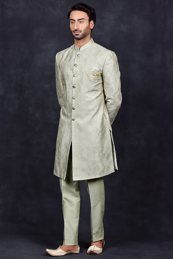 Light Green Silk Thread Embroidered Wedding Sherwani Set by Soniya G Men at Pernia's Pop Up Shop