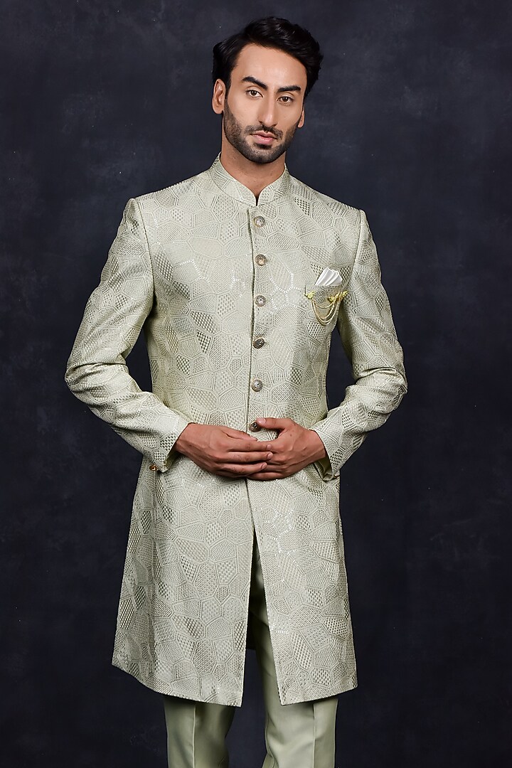Light Green Silk Thread Embroidered Wedding Sherwani Set by Soniya G Men at Pernia's Pop Up Shop