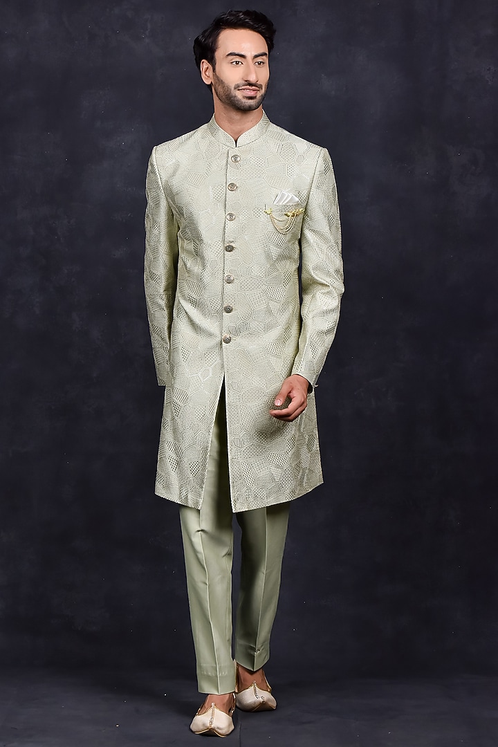 Light Green Silk Thread Embroidered Wedding Sherwani Set by Soniya G Men at Pernia's Pop Up Shop