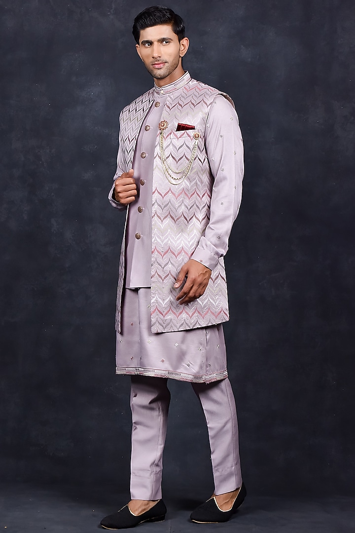 Purple Silk Thread Embroidered Indowestern Set by Soniya G Men