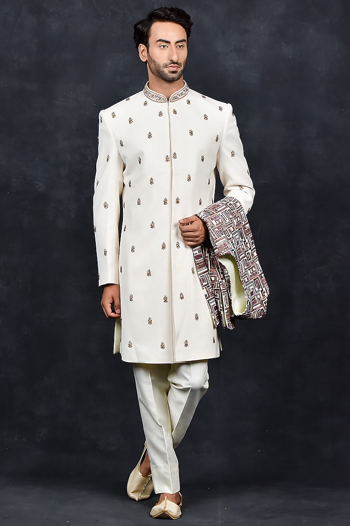 Cream Silk Thread Embroidered Wedding Indowestern Set by Soniya G Men at Pernia's Pop Up Shop