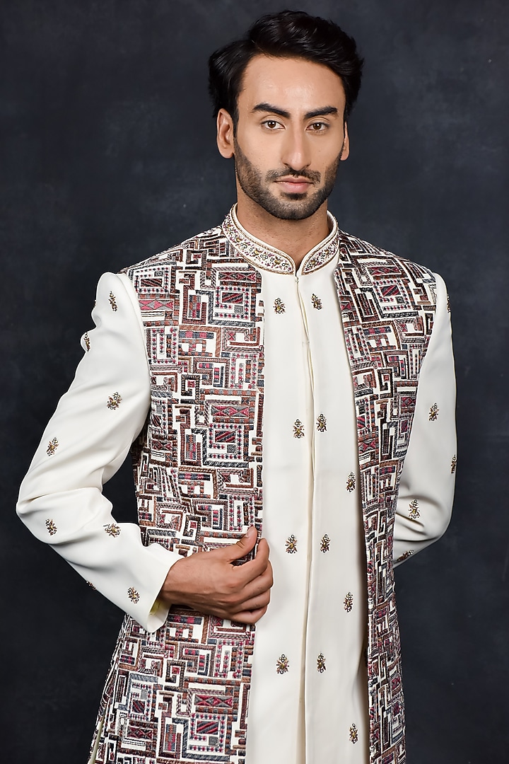 Cream Silk Thread Embroidered Wedding Indowestern Set by Soniya G Men at Pernia's Pop Up Shop