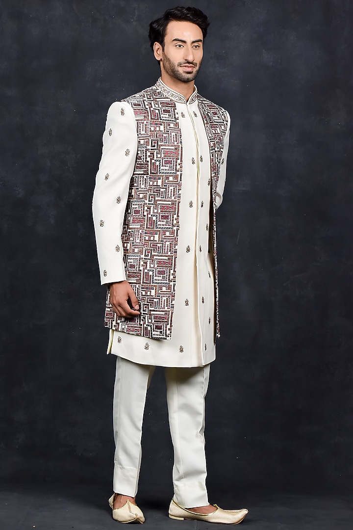 Cream Silk Thread Embroidered Wedding Indowestern Set by Soniya G Men at Pernia's Pop Up Shop