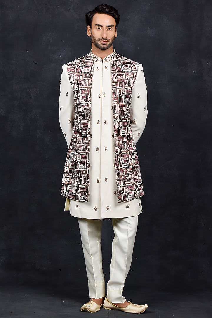 Cream Silk Thread Embroidered Wedding Indowestern Set by Soniya G Men at Pernia's Pop Up Shop