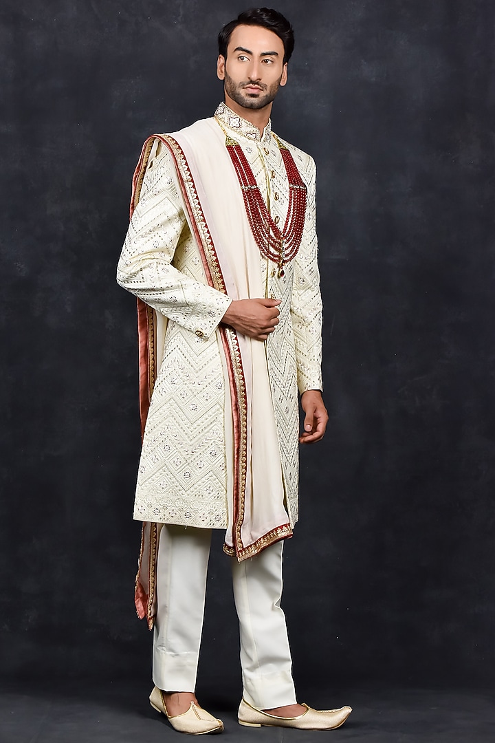Cream Silk Thread Embroidered Wedding Sherwani Set by Soniya G Men at Pernia's Pop Up Shop