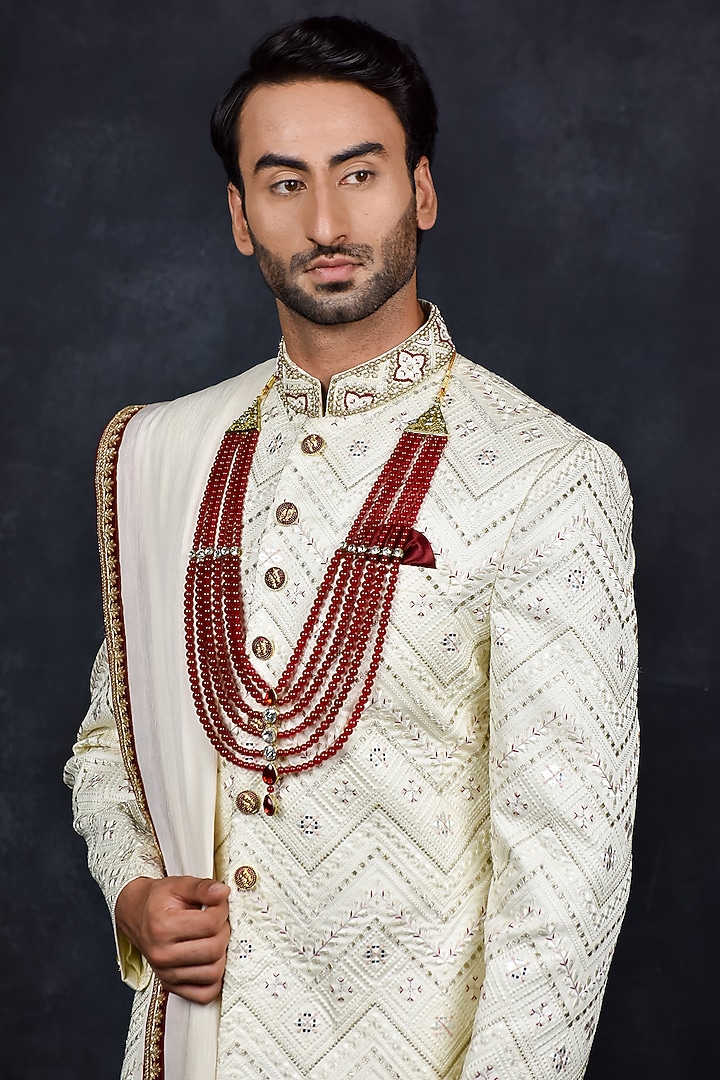 Cream Silk Thread Embroidered Wedding Sherwani Set by Soniya G Men at Pernia's Pop Up Shop