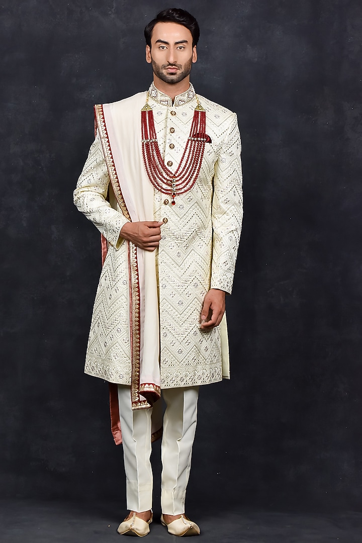 Cream Silk Thread Embroidered Wedding Sherwani Set by Soniya G Men at Pernia's Pop Up Shop