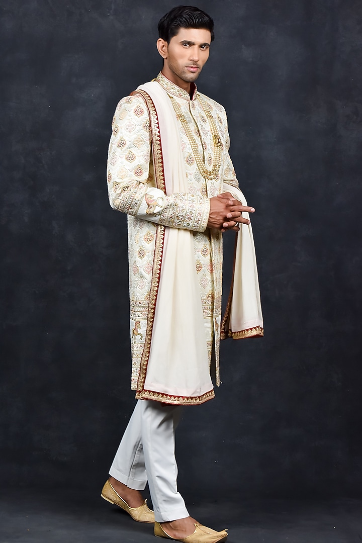 Cream Jacquard Wedding Sherwani Set by Soniya G Men at Pernia's Pop Up Shop