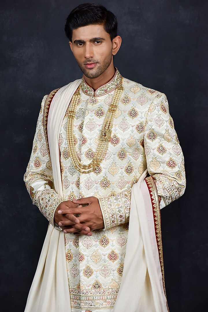 Cream Jacquard Wedding Sherwani Set by Soniya G Men at Pernia's Pop Up Shop