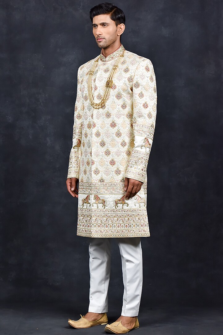 Cream Jacquard Wedding Sherwani Set by Soniya G Men at Pernia's Pop Up Shop