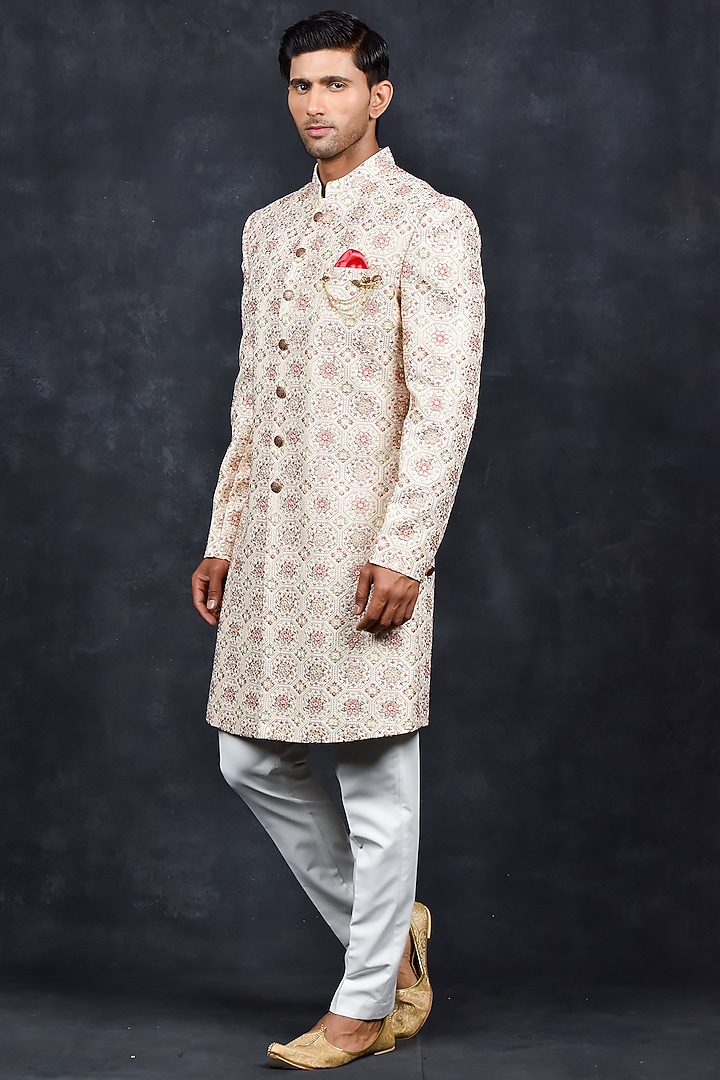 Cream Jacquard Wedding Sherwani Set by Soniya G Men at Pernia's Pop Up Shop