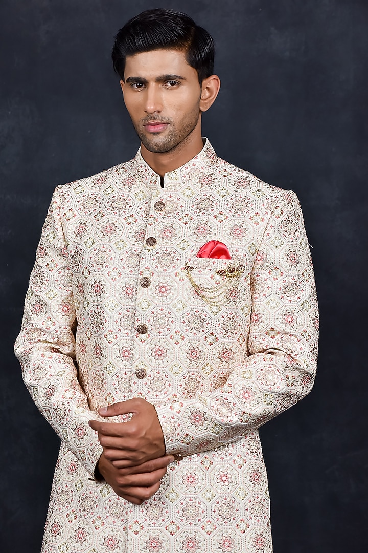 Cream Jacquard Wedding Sherwani Set by Soniya G Men at Pernia's Pop Up Shop