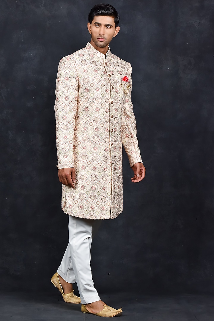 Cream Jacquard Wedding Sherwani Set by Soniya G Men at Pernia's Pop Up Shop