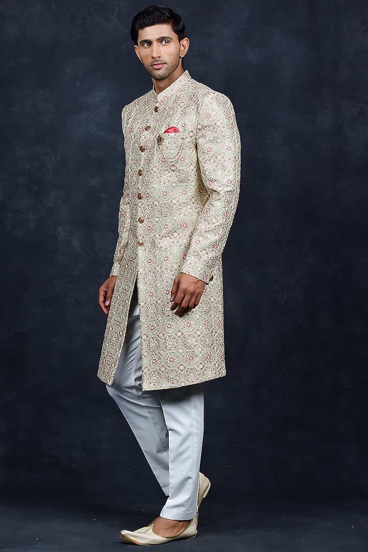 Gold Jacquard Wedding Sherwani Set by Soniya G Men at Pernia's Pop Up Shop