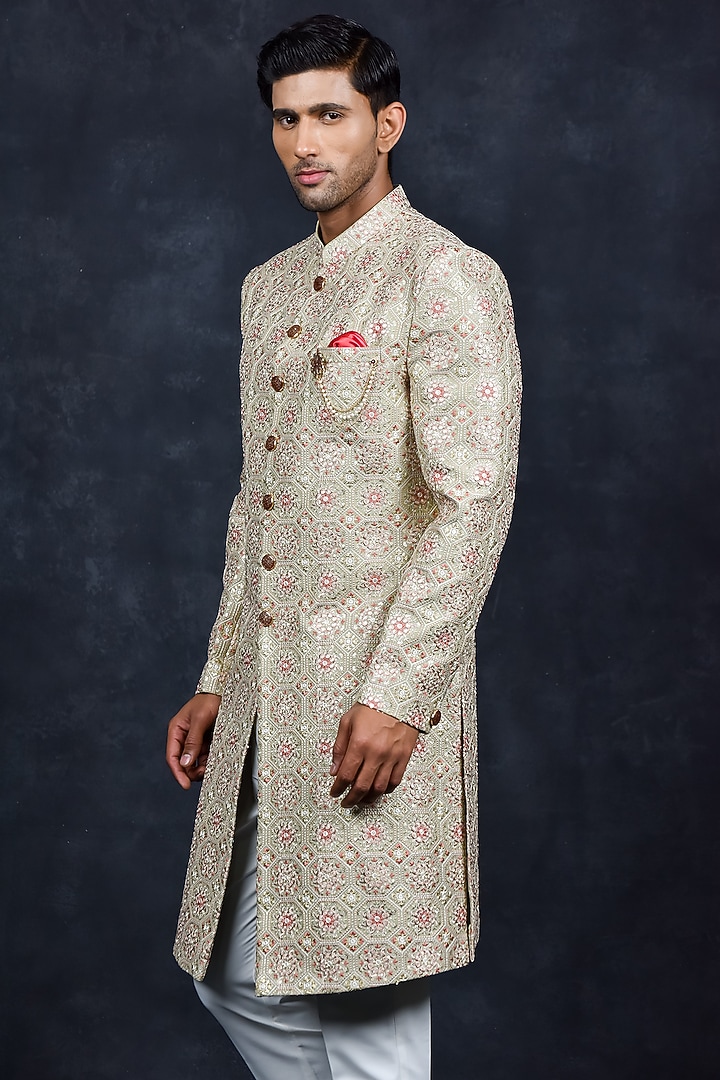 Gold Jacquard Wedding Sherwani Set by Soniya G Men at Pernia's Pop Up Shop