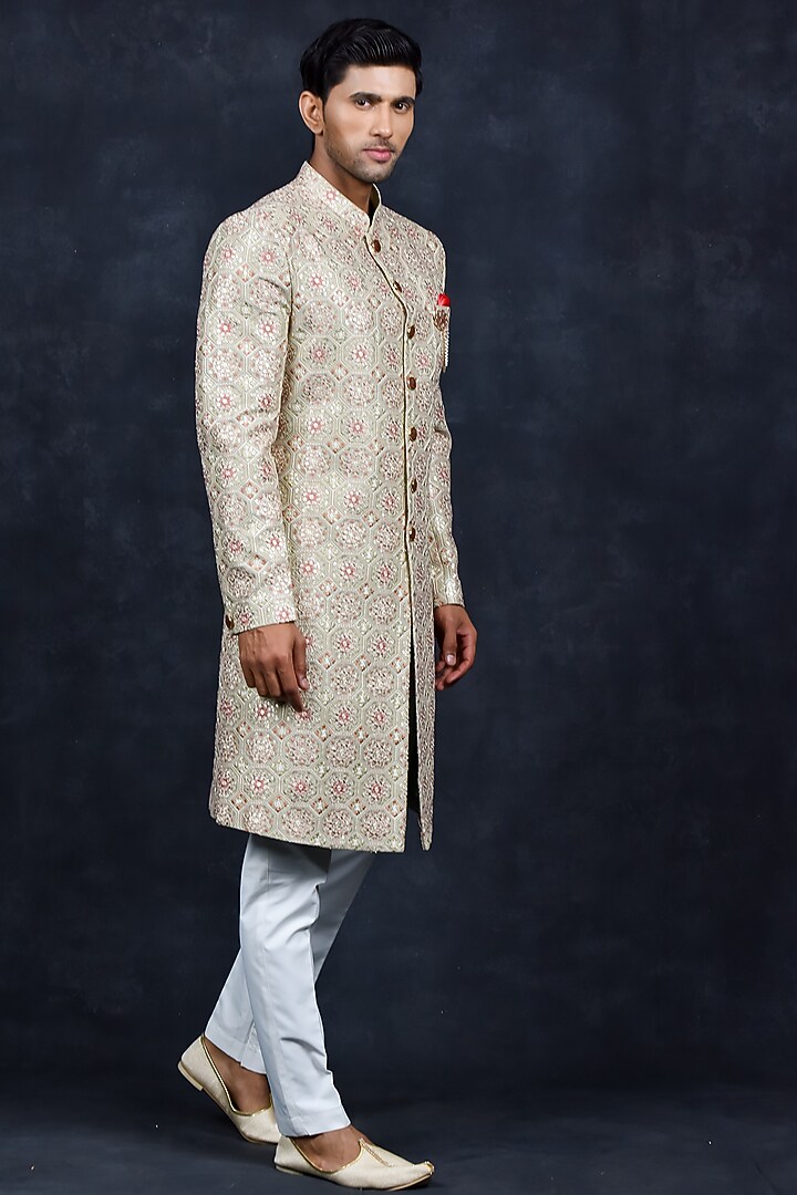 Gold Jacquard Wedding Sherwani Set by Soniya G Men at Pernia's Pop Up Shop