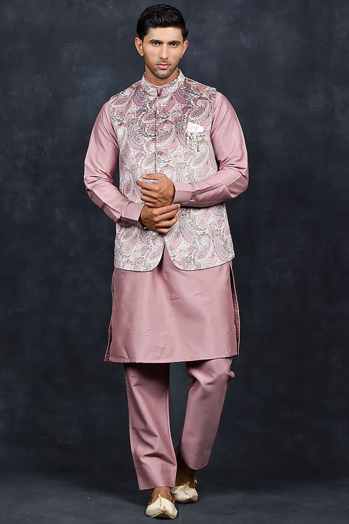 Pink Silk Thread Embroidered Bundi Jacket Set by Soniya G Men at Pernia's Pop Up Shop